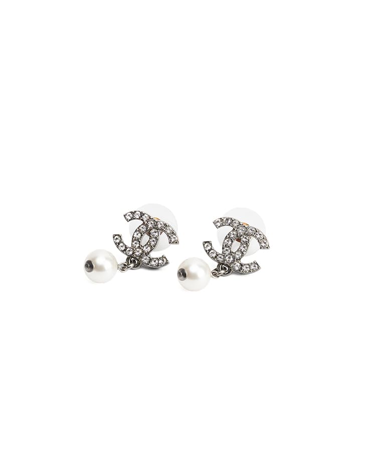 Chanel CC Crystal Pearl Drop Earrings
